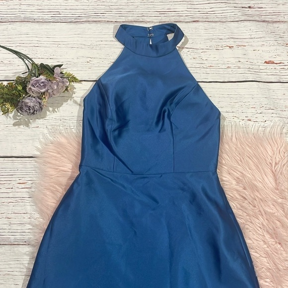 NWT Alfred Sung D772 High Neck Cutout Satin Twill Dress Dusk Blue - Picture 6 of 11